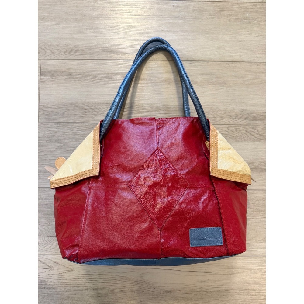 Lancaster Paris Red Leather Colorblock Tote Bag Large Shoulder Cream Blue Red